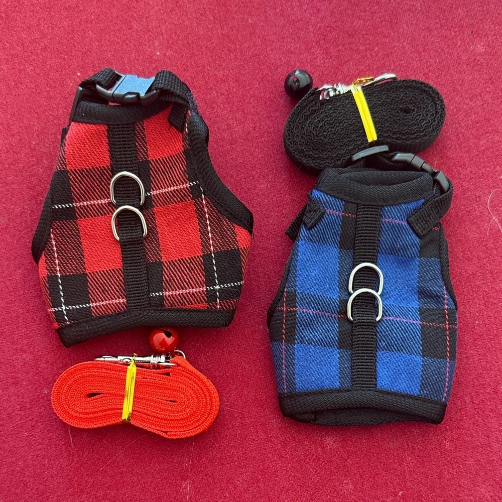 Plaid tea cup Pet Harness Set - Red and Blue